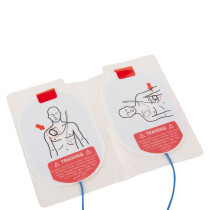 Stjtr3Atp Philips Heartstart Fr3 Trainer 3 Defibrillator Adult Training Pads Angled set of two oval pads with a black drawn image of a mans torso showing the correct pad placement