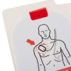 a close up image of an oval pad showing the correct pad placement above the right chest with a red arrow to show the correct placement