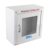 an angled front shot of a square white cabinet, in red writing at the top it says emergency defibrillator at the bottom in blue it says the manufactures name zoll