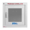  a square white cabinet, with a clear viewing window, in red writing at the top it says emergency defibrillator at the bottom in blue it says the manufactures name zoll