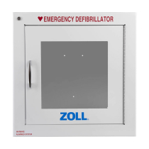 Stjzollcab Wall Cabinet Front Copy a square white cabinet, with a clear viewing window, in red writing at the top it says emergency defibrillator at the bottom in blue it says the manufactures name zoll