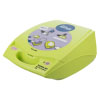 an angled view of a green training defibrillator with pictorial step by step instructions on how to use and perform CPR