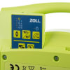 a close up view of the training remote inserted in the holder on the training defibrillator branded Zoll