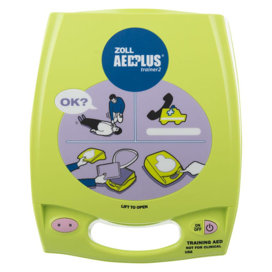 a front view of the zoll aed plus trainer 2 showing pictorials on the first 3 steps taken when finding someone on the floor