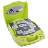 an angled shot of the zoll aed plus trainer 2 with the lid open with step by step instructions to aid a rescuer
