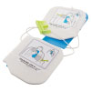 a view of the cpr-d training pads with a green connector block. Each pad has instructions on placement on it to aid a rescuer