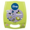 zoll aed plus trainer 2 device shown from the front with instructional images on green casing and power button