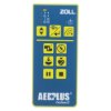 Zoll AED Plus Trainer 2 remote control with blue background and yellow buttons showing various symbols