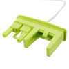 a lime green plastic connector block with 4 prongs attached to a white wire