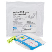 Stjztcprd Zoll Aed Plus Training Cpr D Padz Set Contents a white square package with black text stating training cpr-d-padz replacement gel it also states the manufacturers name and address in front is the folded up cpr-d device to help with correct placement of the pads and where to perform cpr