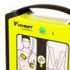 A close-up of a bright yellow defibrillator with user instructions on the front