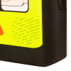 A close-up of the speaker on a bright yellow defibrillator