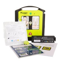 Vivest X1 Semi Auto Full Kit Contents A black and yellow defibrillator with the full kit contents