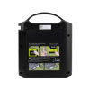 The back of a black defibrillator showing operating instructions