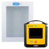 Yellow and black Vivx3 Ahhswcab Vivx3 Semi Automatic Defibrillator with indoor white cabinet and carrying case handle visible