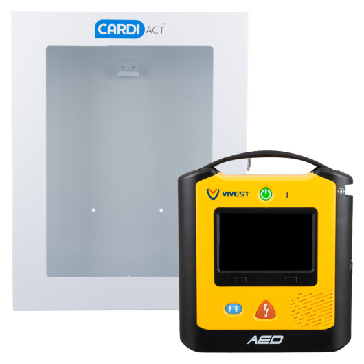 Yellow and black Vivx3 Ahhswcab Vivx3 Semi Automatic Defibrillator with indoor white cabinet and carrying case handle visible
