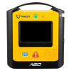 Front view of a VIVEST AED with a central display screen, green power button, blue adult‑child mode button, and orange shock button.