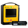 VIVEST AED with display screen, green power button, blue and orange control buttons, and a removable lithium battery pack placed below the unit.