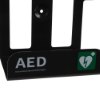 bottom view of ipad wall mounted bracket showing black metal frame with AED label and white space in centre