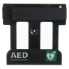 Front view of black ipad wall mounted bracket with strap and AED label at the bottom