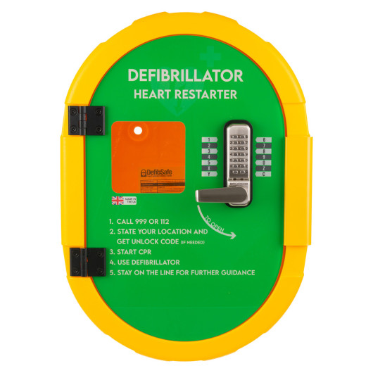 DefibSafe2 Defibrillator Cabinet front view showing yellow casing with green front panel and combination lock