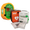 Front view of an ipad defibrillator outdoor cabinet with defibrillator kit and orange carry case visible