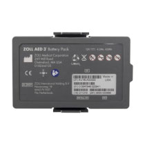 Zoll Aed 3 Battery Pack Front Shot a grey rectangular plastic battery with white writing stating zoll aed 3 battery pack and showing the ce mark, serial numbers, manufacture date and address and safe disposal icon