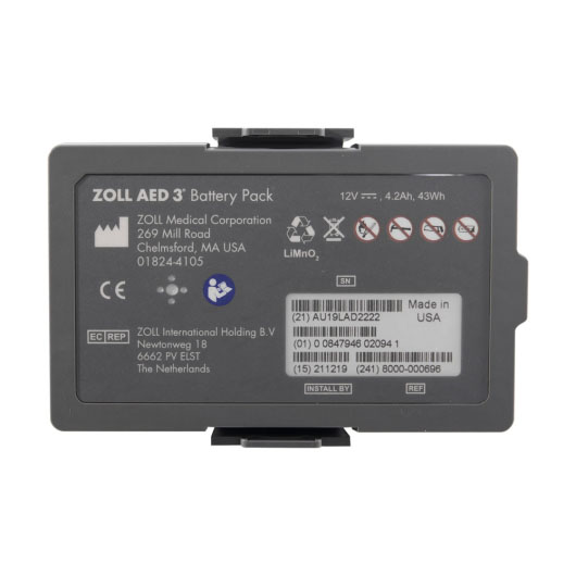 a grey rectangular plastic battery with white writing stating zoll aed 3 battery pack and showing the ce mark, serial numbers, manufacture date and address and safe disposal icon 