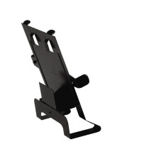 a rear view of a black bracket with holes for all fixing to hold a zoll defibrillator shown without the defib