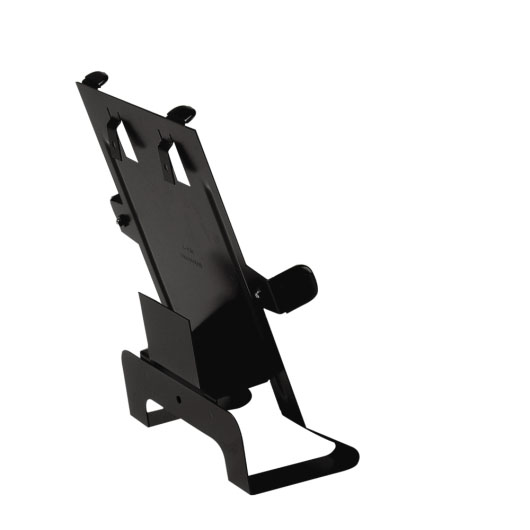 a rear view of a black bracket with holes for all fixing to hold a zoll defibrillator shown without the defib