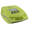 A bright yellow defibrillator with the letters "AED" written in big black text