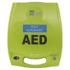A bright yellow defibrillator with the letters "AED" written in big black text