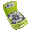A bright yellow defibrillator with the lid open
