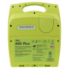 The back of a bright yellow defibrillator