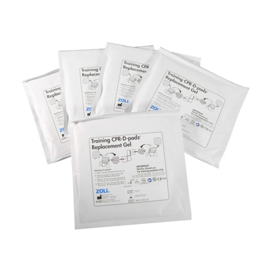 a set of 5 white square packages each containing a set of replacement gel pads for the training cpr-d-padz from zoll 