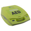 A bright yellow defibrillator with the letters "AED" written in big black text