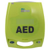 A bright yellow defibrillator with the letters "AED" written in big black text