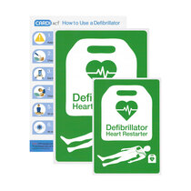Wipe-clean wall signs for locating the AED in an emergency and provide step-by-step guidance