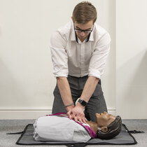 Lifelike torso allows practice of hand positioning and depth for chest compressions