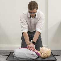 Lifelike torso allows practice of hand positioning and depth for chest compressions